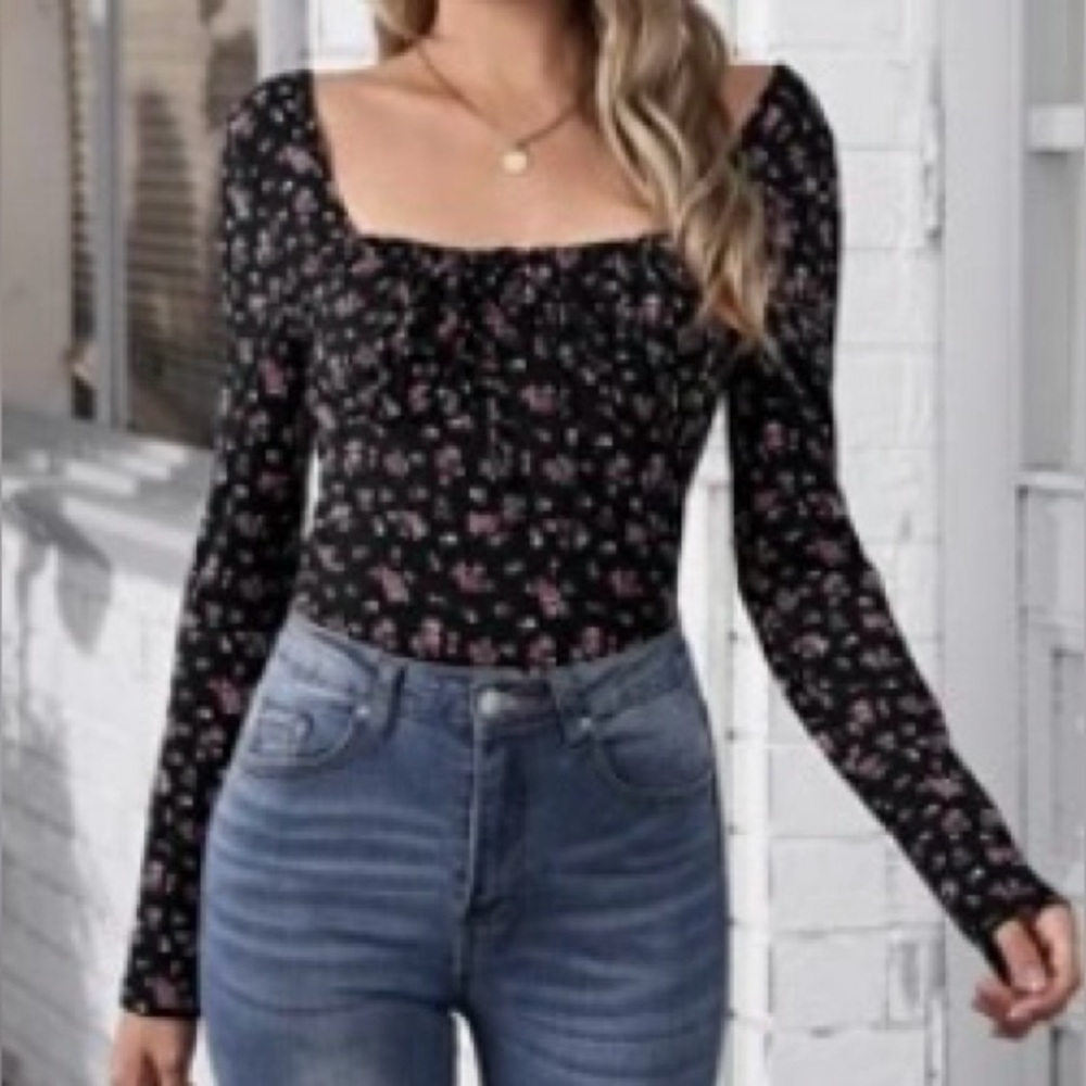 Ruched Bust Ditzy Floral Long Sleeve Top size Large - Picture 3 of 9